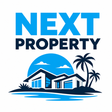 Logo for 'Next Property' with a house and Cook Islands coconut trees on a white background