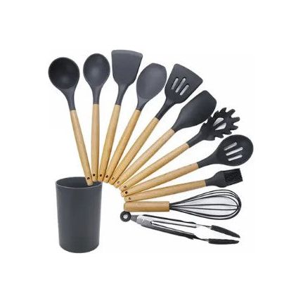 Wooden Handle Silicone Kitchen Tool Set with Storage Bucket