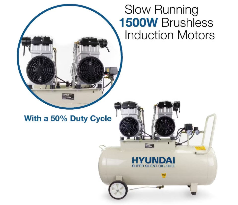 Hyundai Air Compressor Oil Free Low Noise Brushless 4HP 100L