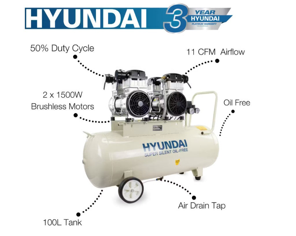 Hyundai Air Compressor Oil Free Low Noise Brushless 4HP 100L