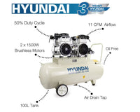 Hyundai Air Compressor Oil Free Low Noise Brushless 4HP 100L