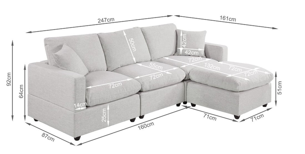 Hexham 3 Seater Modular Sofa with Ottoman - Grey