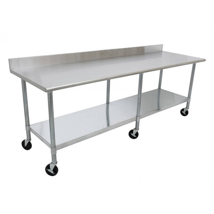 2400x465x915mm Stainless Steel Mobile Commercial Kitchen Worktop Bench with Splashback